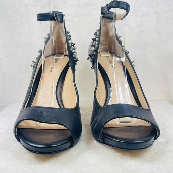 Gianni Bini Heels Women 8.5 Black Leather Peep Toe Studded Spiked Stiletto Pumps - Picture 8 of 9